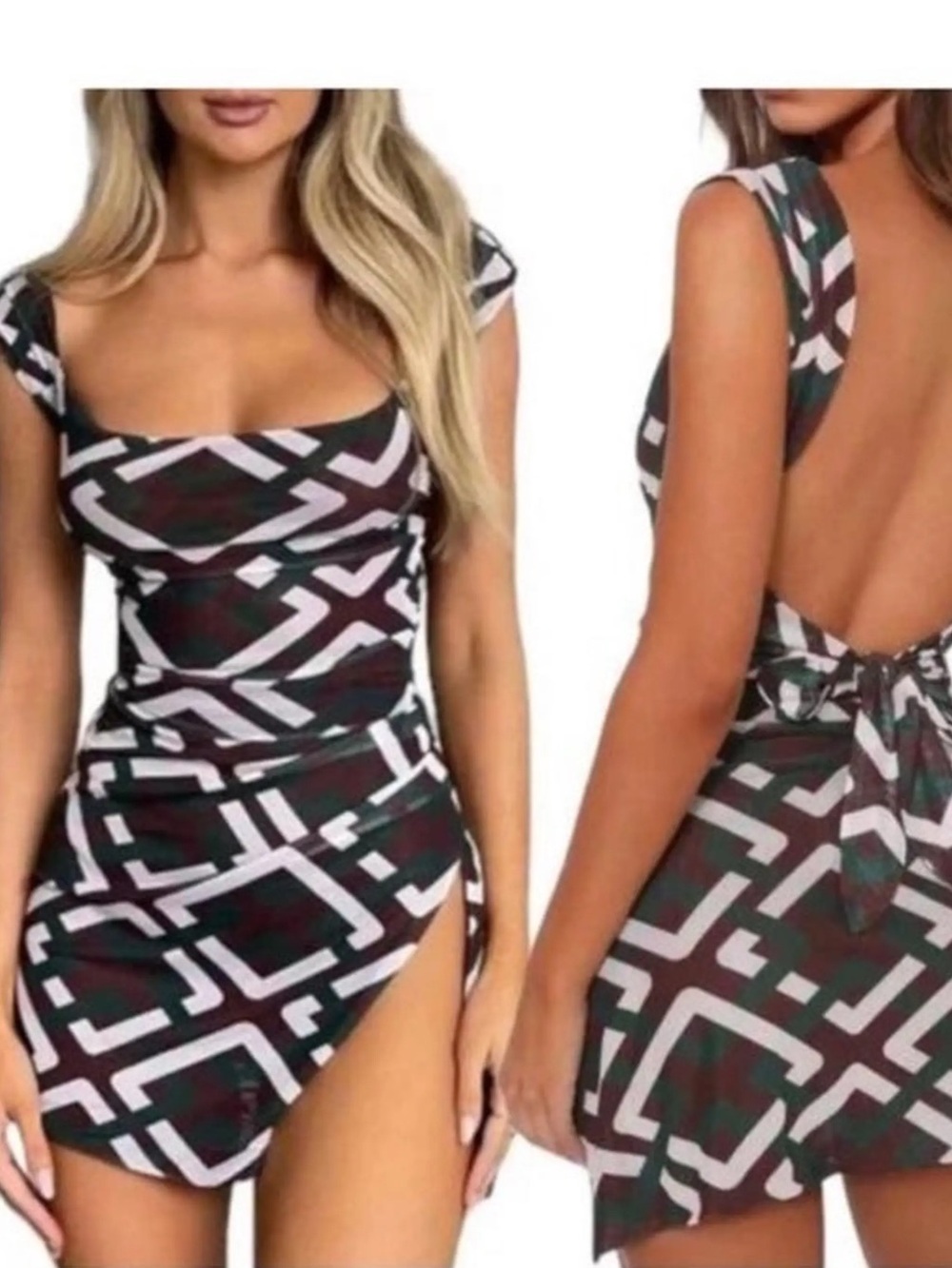 Tiger Mist Square Neckline Geometric Print Bodycon Mesh Mini Dress